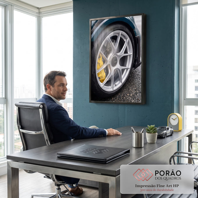 Quadro Decorativo Grande Roda Esportiva para Escritório Azul | quadros decorativos | close de roda esportiva prateada com pinça de freio amarela e pneu preto | em ambiente 2 | Porao dos Quadros