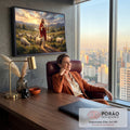 Jesus de manto vermelho com cajado guiando ovelhas em vale verde com rio ao pôr do sol, quadro decorativo