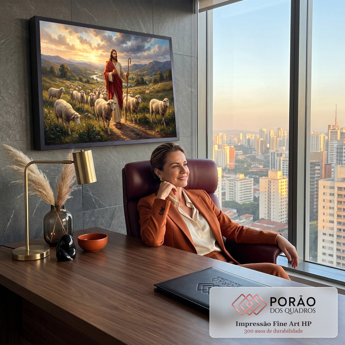 Jesus de manto vermelho com cajado guiando ovelhas em vale verde com rio ao pôr do sol, quadro decorativo