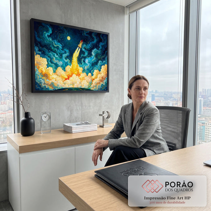 Foguete decolando rumo à lua em céu estrelado azul com redemoinhos e nuvens de fogo douradas, quadro decorativo