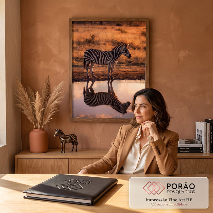 Quadro Decorativo Grande Zebra Refletida para Sala Laranja | quadros decorativos | zebra de pé à beira de uma poça com reflexo na água ao pôr do sol | em ambiente 2 | Porao dos Quadros