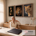 Quadro Decorativo Kit 3 Telas Mona Lisa para Sala Preto | quadros decorativos | tríptico com mulher estilo Mona Lisa, leão coroado e leoa em fotografia realista | em ambiente 2 | Porao dos Quadros