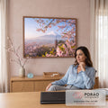 Monte Fuji nevado com pagoda vermelha e galhos de cerejeira em flor rosa na primavera, quadro decorativo