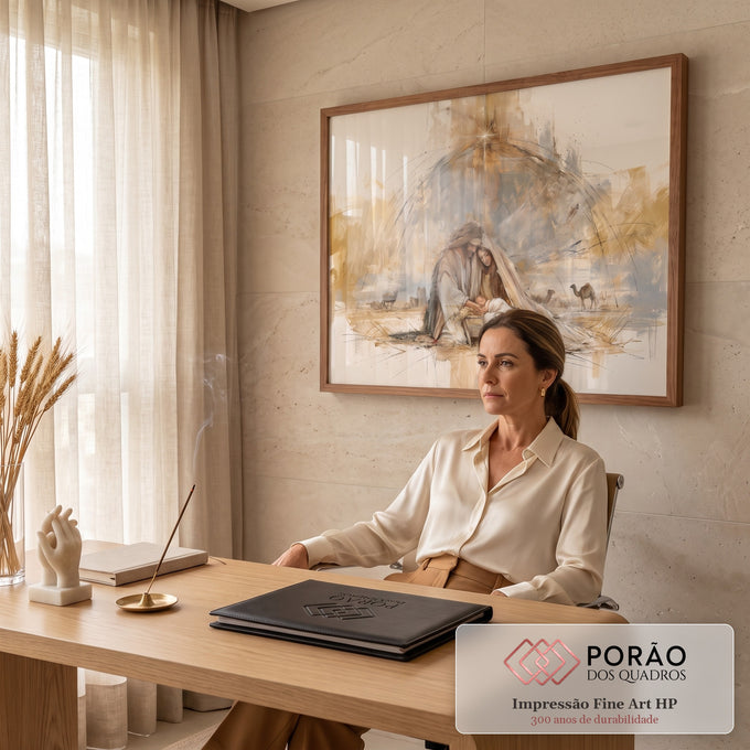 Quadro Decorativo Grande Sagrada Família Bege para Sala | quadros decorativos | homem e mulher ajoelhados abraçam bebê na manjedoura sob estrela dourada | em ambiente 2 | Porao dos Quadros
