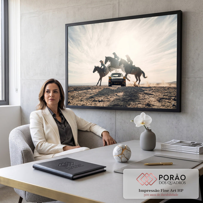 Três cavaleiras saltam a cavalo sobre um Porsche clássico no deserto, contra a luz do sol, quadro decorativo