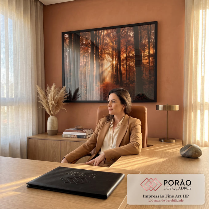 Quadro Decorativo Grande Caminho para Sala Laranja | quadros decorativos | caminho de folhas em floresta de outono com raios de sol entre troncos | em ambiente 2 | Porao dos Quadros