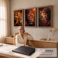 Quadro Decorativo Kit 3 Telas Jesus Cristo para Sala Laranja | quadros decorativos | tríptico de Jesus Cristo com coroa de espinhos e leão em tons de fogo | em ambiente 2 | Porao dos Quadros