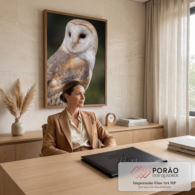 Coruja-das-torres de rosto branco e penas bege sobre fundo verde desfocado, quadro decorativo