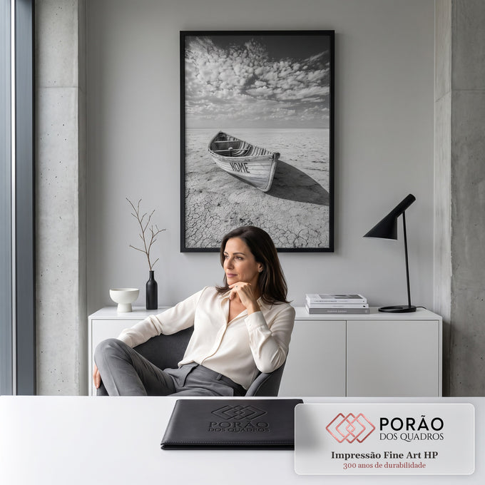 Barco de madeira escrito HOME em terra rachada sob céu com nuvens, preto e branco, quadro decorativo