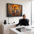 Quadro Decorativo Grande Anjo Guerreiro Dourado para Sala | quadros decorativos | anjo alado em mosaico com armadura azul e halo dourado radiante | em ambiente 2 | Porao dos Quadros