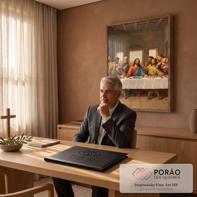 Quadro Decorativo Grande Santa Ceia Marrom para Sala | quadros decorativos | Última Ceia com Jesus e apóstolos reunidos à mesa em tons terrosos e luz dourada | em ambiente 2 | Porao dos Quadros