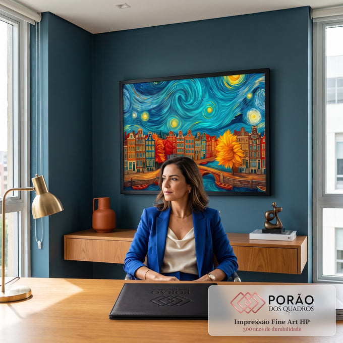 Quadro Decorativo Grande Canal Holandês para Sala Azul | quadros decorativos | casas coloridas à beira de canal com ponte e céu estrelado em espirais estilo Van Gogh | em ambiente 2 | Porao dos Quadros