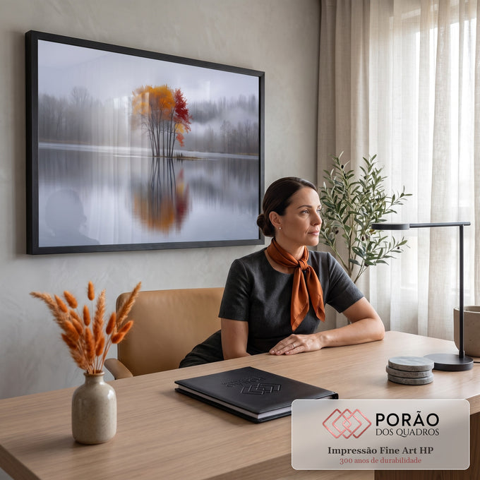 Quadro Decorativo Grande Árvore de Outono para Sala Laranja | quadros decorativos | árvore de outono colorida refletida em lago calmo com neblina ao fundo | em ambiente 2 | Porao dos Quadros