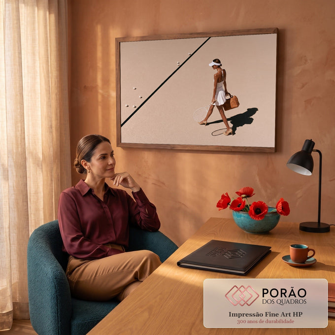 Mulher tenista de vestido branco com raquete e bolsa caramelo caminhando em quadra bege, quadro decorativo