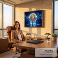 Quadro Decorativo Grande Moeda Diamante para Escritório Azul | quadros decorativos | moeda de Bitcoin dourada com diamantes dentro de uma gema cercada por chamas azuis | em ambiente 2 | Porao dos Quadros