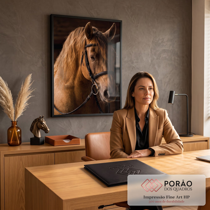 Quadro Decorativo Grande Cavalo para Sala Dourado | quadros decorativos | cavalo dourado em close com cabeçada preta e fundo escuro | em ambiente 2 | Porao dos Quadros