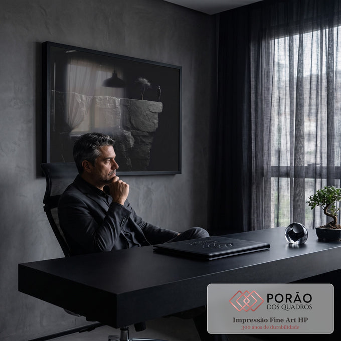 Quadro Decorativo Grande Homem no Penhasco para Sala Preto | quadros decorativos | homem de pé no topo de um penhasco ao lado de árvore seca, em preto e branco | em ambiente 2 | Porao dos Quadros