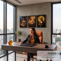 Quadro Decorativo Kit 3 Telas Última Ceia para Sala Marrom | quadros decorativos | Última Ceia com Jesus e apóstolos ao lado de Nossa Senhora em oração com halo dourado | em ambiente 2 | Porao dos Quadros