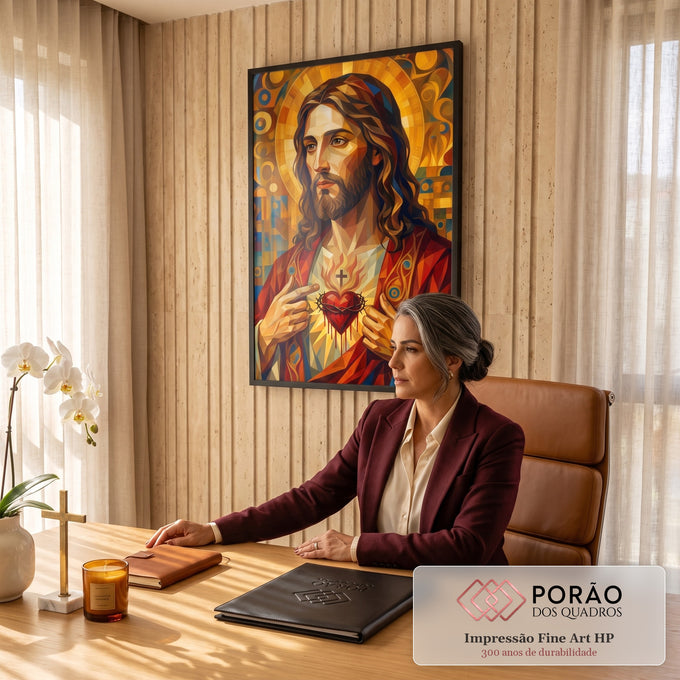 Quadro Decorativo Grande Sagrado Coração Cruz para Sala | quadros decorativos | Jesus Cristo com Sagrado Coração em chamas, estilo geométrico dourado e vermelho | em ambiente 2 | Porao dos Quadros