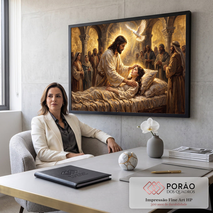 Jesus cura jovem acamada sob luz dourada e pomba branca, cercado por fiéis, pintura quadro decorativo