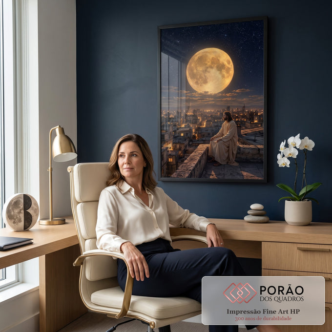 Quadro Decorativo Grande Homem de Túnica para Sala Dourado | quadros decorativos | homem de túnica branca sentado em telhado observando lua dourada gigante sobre cidade noturna | em ambiente 2 | Porao dos Quadros