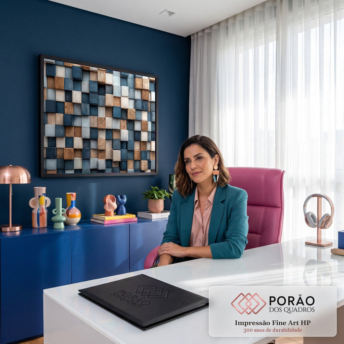 Quadro Decorativo Grande Mosaico de Cubos para Sala Azul | quadros decorativos | mosaico de cubos 3D em azul-marinho, bege e branco com textura de madeira | em ambiente 2 | Porao dos Quadros