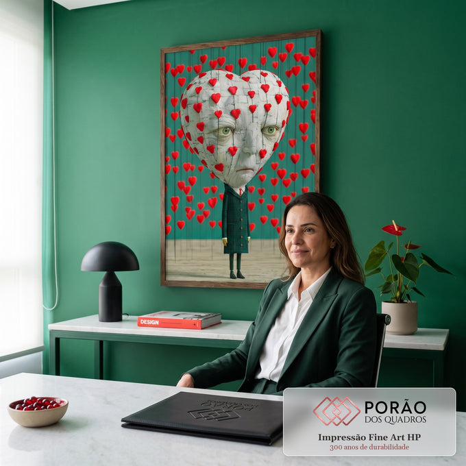 Figura surreal com cabeça de coração e corações vermelhos suspensos em fundo verde, quadro decorativo