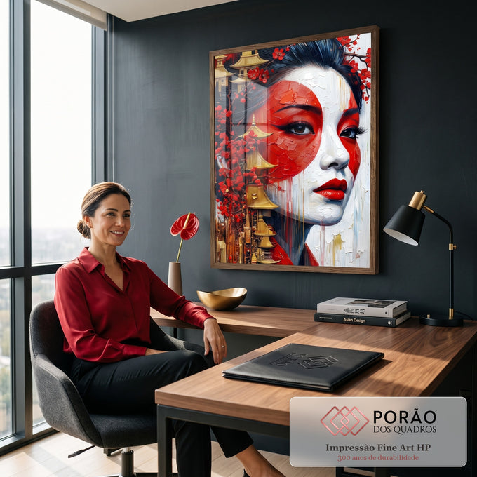 Rosto de gueixa pintado em vermelho e branco com cerejeiras e pagodes dourados, quadro decorativo
