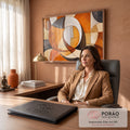 Quadro Decorativo Grande Abstrato Curvas para Sala Laranja | quadros decorativos | composição abstrata geométrica com círculos sobrepostos em laranja, marrom, bege e cinza | em ambiente 2 | Porao dos Quadros