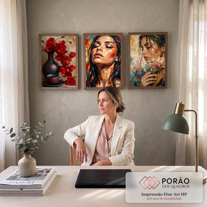 Quadro Decorativo Kit 3 Telas Mulheres Papoulas para Sala | quadros decorativos | tríptico com papoulas vermelhas, retrato feminino colorido e mulher segurando flor rosa com fundo dourado | em ambiente 2 | Porao dos Quadros