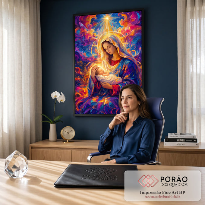 Quadro Decorativo Nossa Senhora com Menino Jesus e Estrela | quadros decorativos | Nossa Senhora segurando o Menino Jesus com estrela brilhante e fundo colorido abstrato | em ambiente 2 | Porao dos Quadros