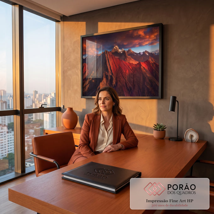 Cordilheira dos Andes vermelha com picos nevados sob céu de nuvens alaranjadas, quadro decorativo