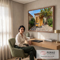 Quadro Decorativo Grande Casa Mediterrânea para Sala Amarelo | quadros decorativos | casa de pedra com porta amarela, scooter vintage e limoeiro carregado de frutas | em ambiente 2 | Porao dos Quadros