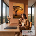 Acácia em silhueta contra sol poente laranja sobre campo dourado da savana africana, quadro decorativo