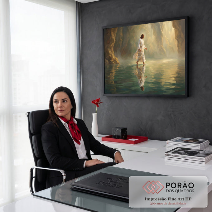 Jesus de túnica branca caminhando sobre as águas em cânion dourado com reflexo, quadro decorativo