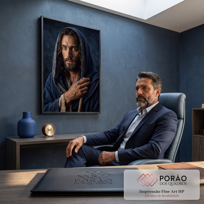 Quadro Decorativo Grande Homem de Manto para Sala Azul | quadros decorativos | homem de manto azul escuro com capuz segurando cajado de madeira, luz dramática no rosto | em ambiente 2 | Porao dos Quadros