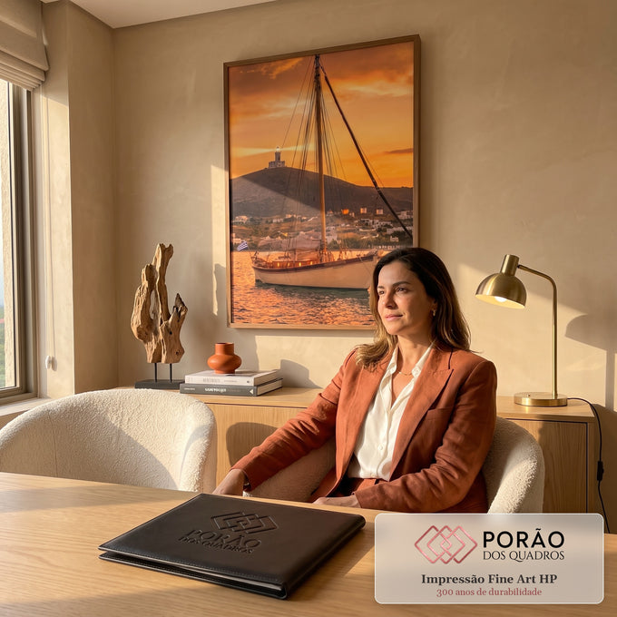 Veleiro ancorado ao pôr do sol laranja com farol na colina e vila grega branca, quadro decorativo