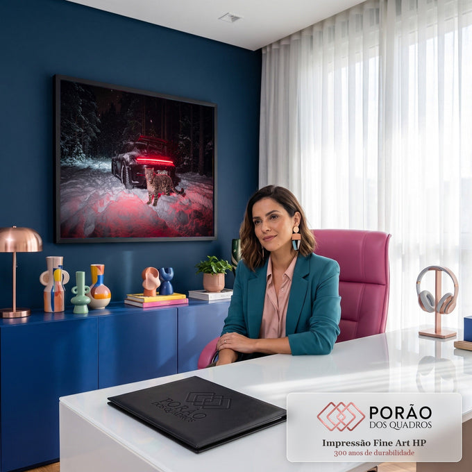 Porsche preto na floresta nevada à noite com leopardo-das-neves e lanterna vermelha, quadro decorativo