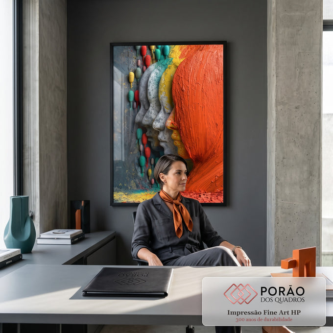 Rostos esculpidos em perfil do cinza ao laranja com pequenas figuras coloridas, quadro decorativo