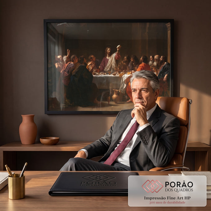 Quadro Decorativo A Última Ceia em Tons Terrosos e Vermelho | quadros decorativos | cena da Última Ceia com treze figuras masculinas à mesa em tons terrosos | em Quadros para Escritorio | Porao dos Quadros