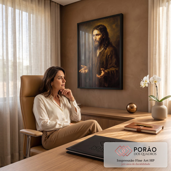 Quadro Decorativo Grande Jesus Cristo de Mãos para Sala | quadros decorativos | retrato de Jesus Cristo com mãos abertas e túnica marrom em fundo escuro dourado | em ambiente 2 | Porao dos Quadros