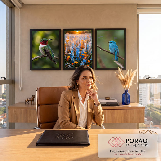 Quadro Decorativo Kit 3 Telas Beija-Flor Campo para Sala | quadros decorativos | beija-flor, campo de flores coloridas e pássaro azul em três painéis naturais | em ambiente 2 | Porao dos Quadros