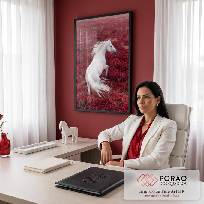 Cavalo branco empinado com crina ao vento em campo de flores vermelhas, quadro decorativo