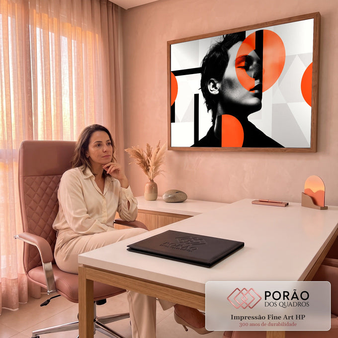 Quadro Decorativo Grande Retrato Feminino Preto para Sala | quadros decorativos | retrato feminino em preto e branco com círculos laranja e formas geométricas | em ambiente 2 | Porao dos Quadros