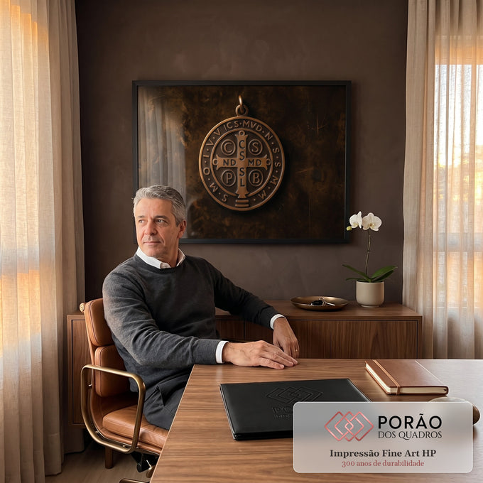Quadro Decorativo Grande Medalha Cruz para Sala Marrom | quadros decorativos | medalha de bronze da São Bento com cruz e letras latinas sobre couro escuro | em ambiente 2 | Porao dos Quadros