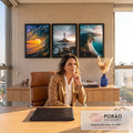 Quadro Decorativo Kit 3 Telas Mar Farol para Sala Azul | quadros decorativos | tríptico com onda do mar, farol em rochas e praia vista do alto ao entardecer | em ambiente 2 | Porao dos Quadros
