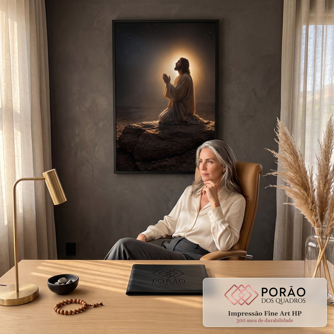 Quadro Decorativo Grande Jesus em Oração para Sala Preto | quadros decorativos | homem ajoelhado em oração com halo dourado sob céu estrelado no deserto | em ambiente 2 | Porao dos Quadros