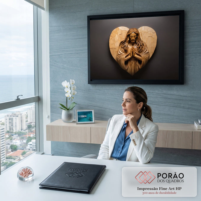Quadro Decorativo Grande Jesus Madeira Entalhada para Sala | quadros decorativos | entalhe em madeira de Jesus em oração dentro de formato de coração | em ambiente 2 | Porao dos Quadros