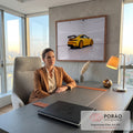 Quadro Decorativo Grande Carro Automóvel para Sala Amarelo | quadros decorativos | carro esportivo amarelo visto de trás em estúdio branco com piso espelhado | em ambiente 2 | Porao dos Quadros