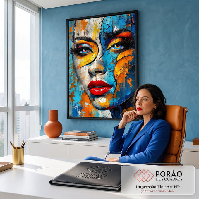 Rosto de mulher com textura craquelada em azul e laranja, olhos azuis e batom vermelho, quadro decorativo